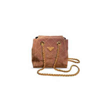 PRADA QUILTED BROWN SUEDE CHAIN SHOULDER BAG 1BD602 (27*24*6cm)